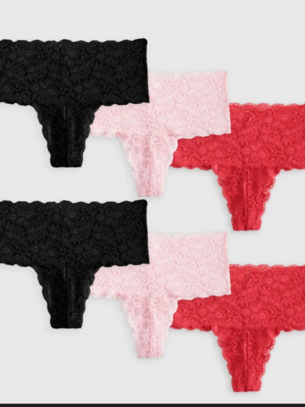 Quince SALE Stretch Lace Thong (6-pack) Black/Pale Pink/Ruby XS NEW